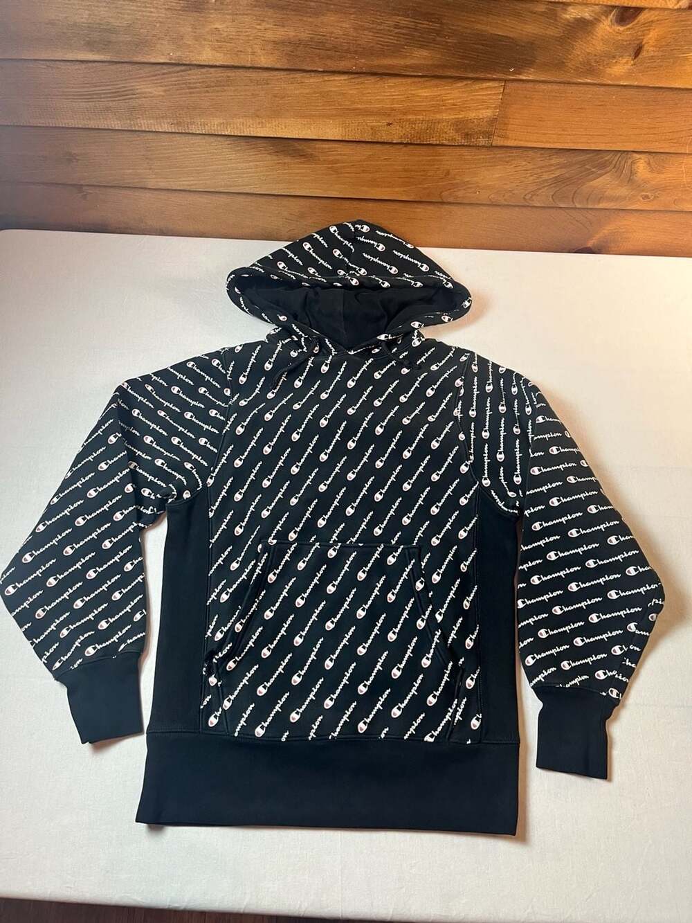 Champion Reverse Weave All Over Print Black Hoodie Small